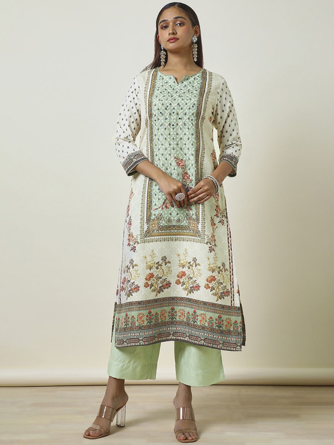 

Soch Floral Printed Notch Neck Straight Kurta, Cream