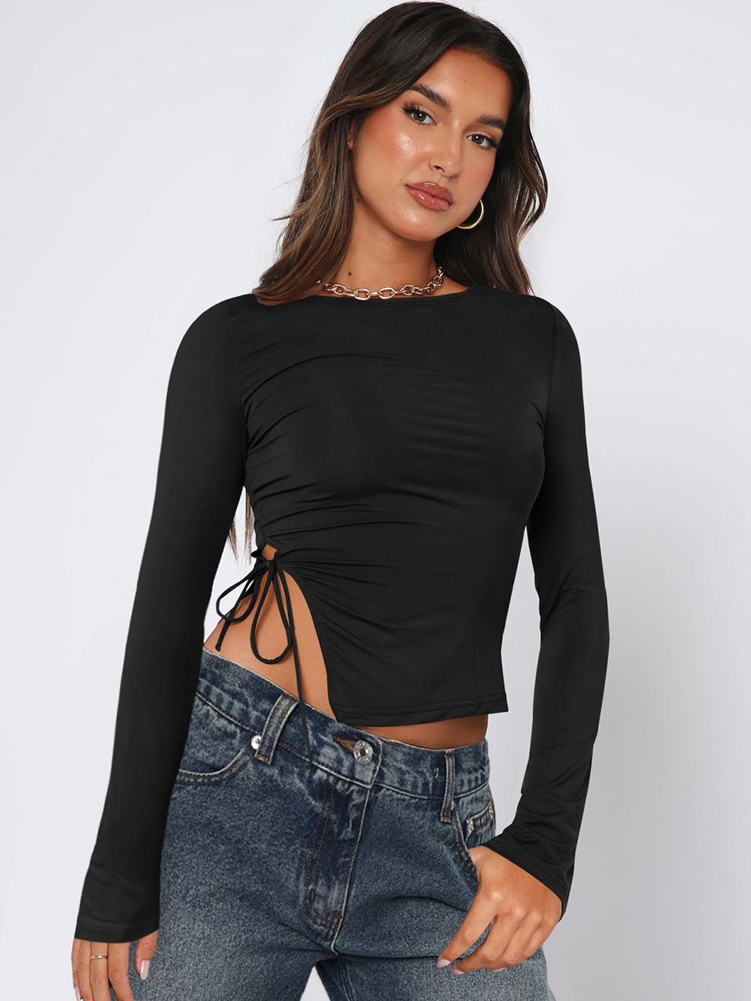 

JC Mode Women Boat Neck Fitted Crop Top, Black