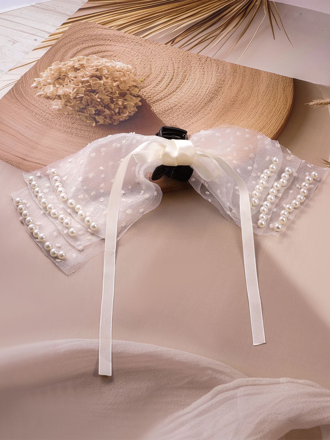 

Rubans White Polka Dot Sheer Stylish Bow Hair Claw with Pearls & Ribbon Tails