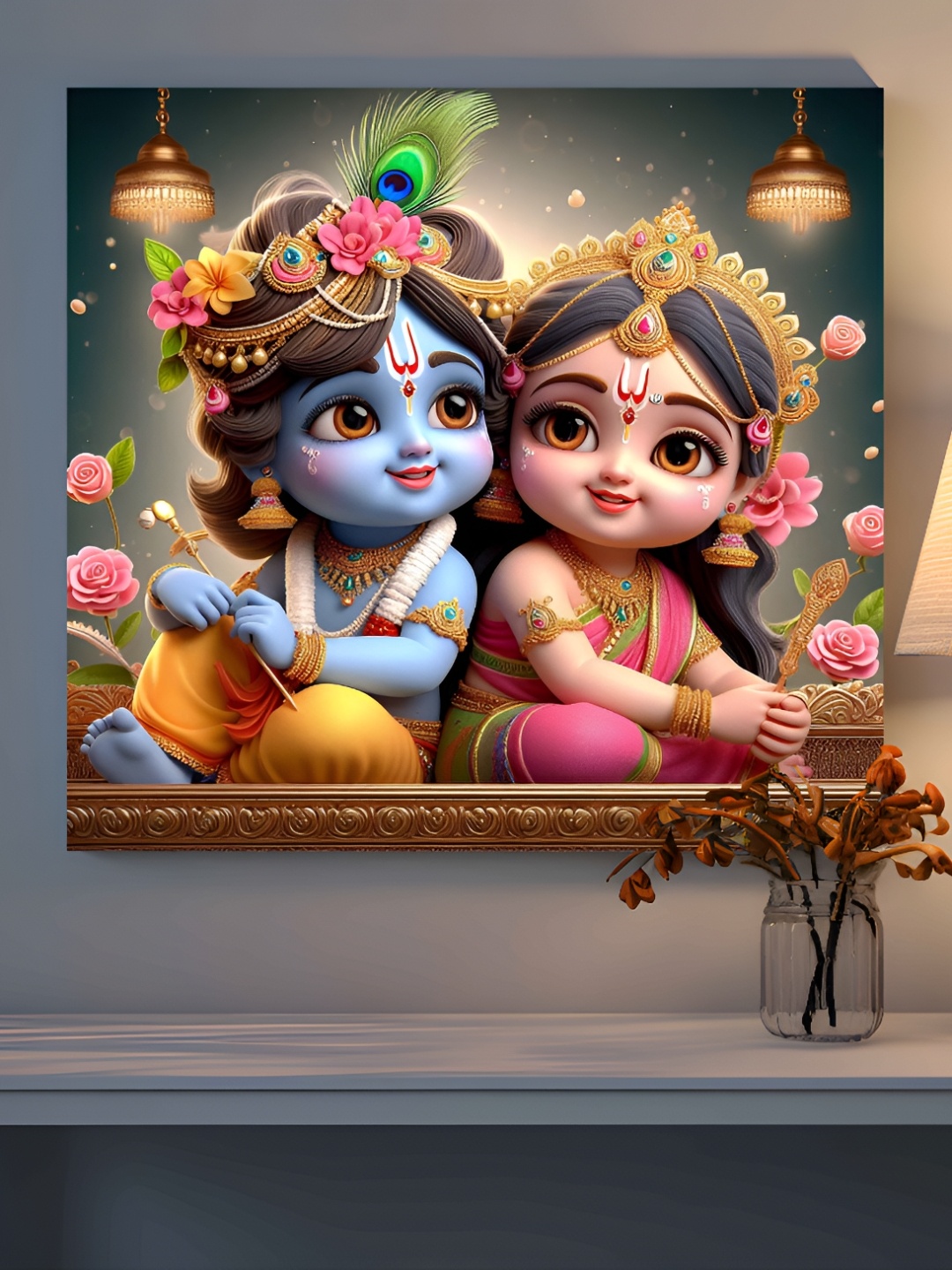 

SAF Blue & Pink Radha Krishna Wooden Religious Wall Painting