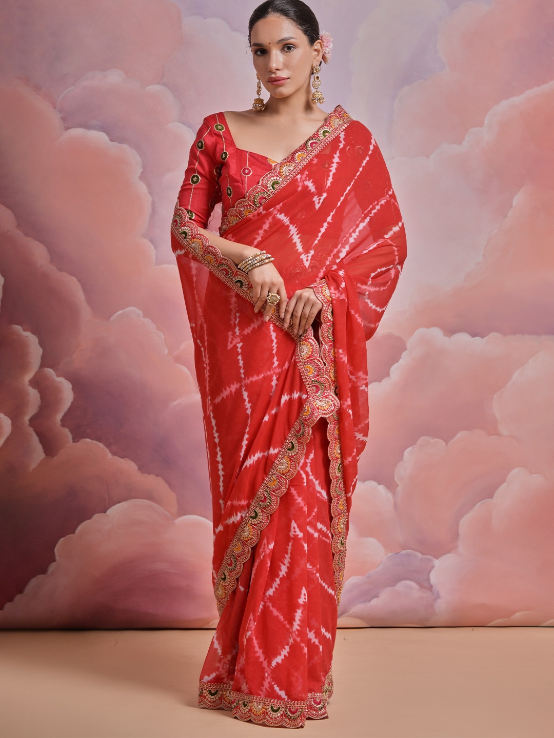 

Krimmple Sequinned Pure Georgette Saree, Red