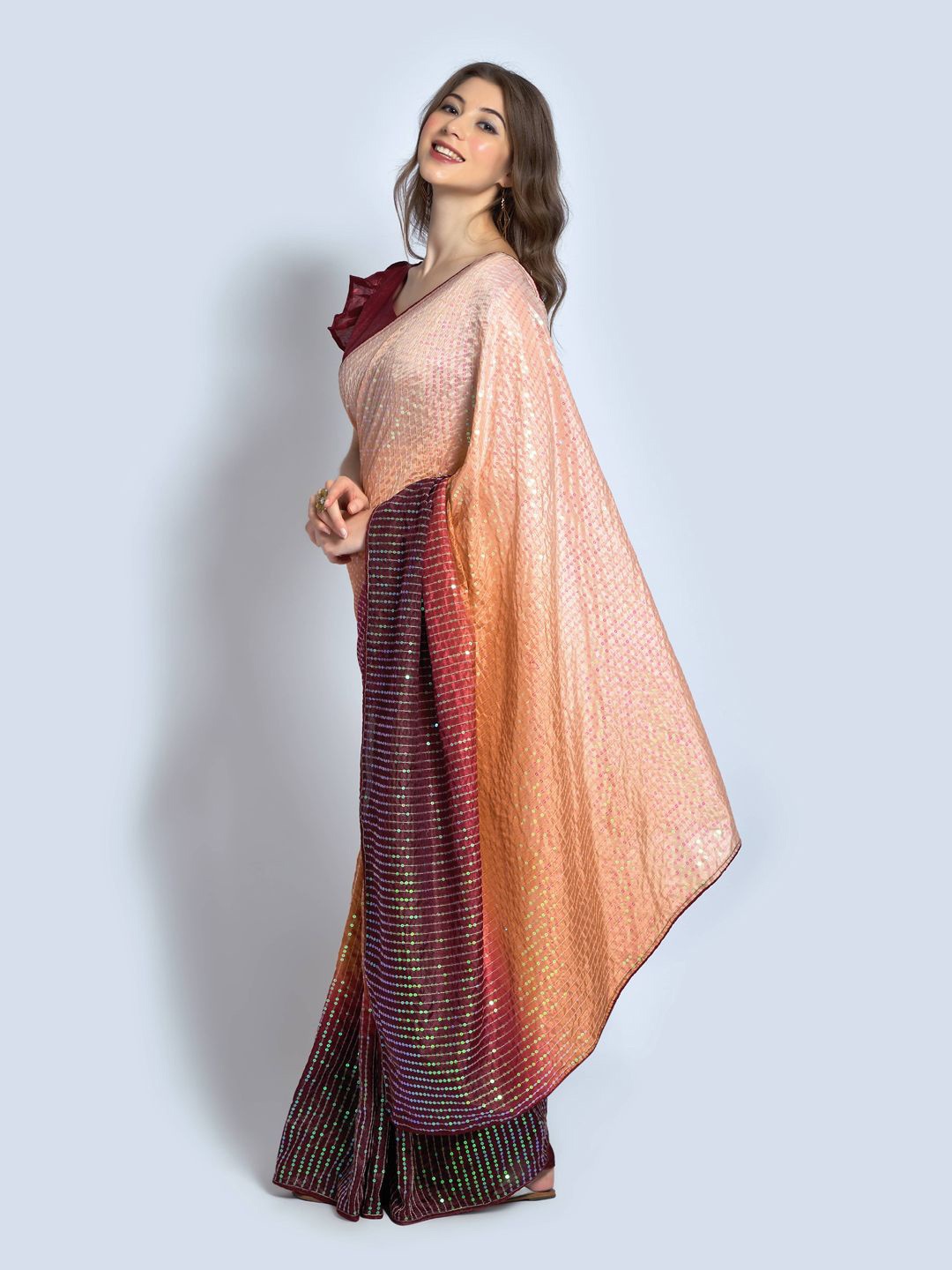 

Krimmple Striped Sequinned Art Silk Saree, Maroon