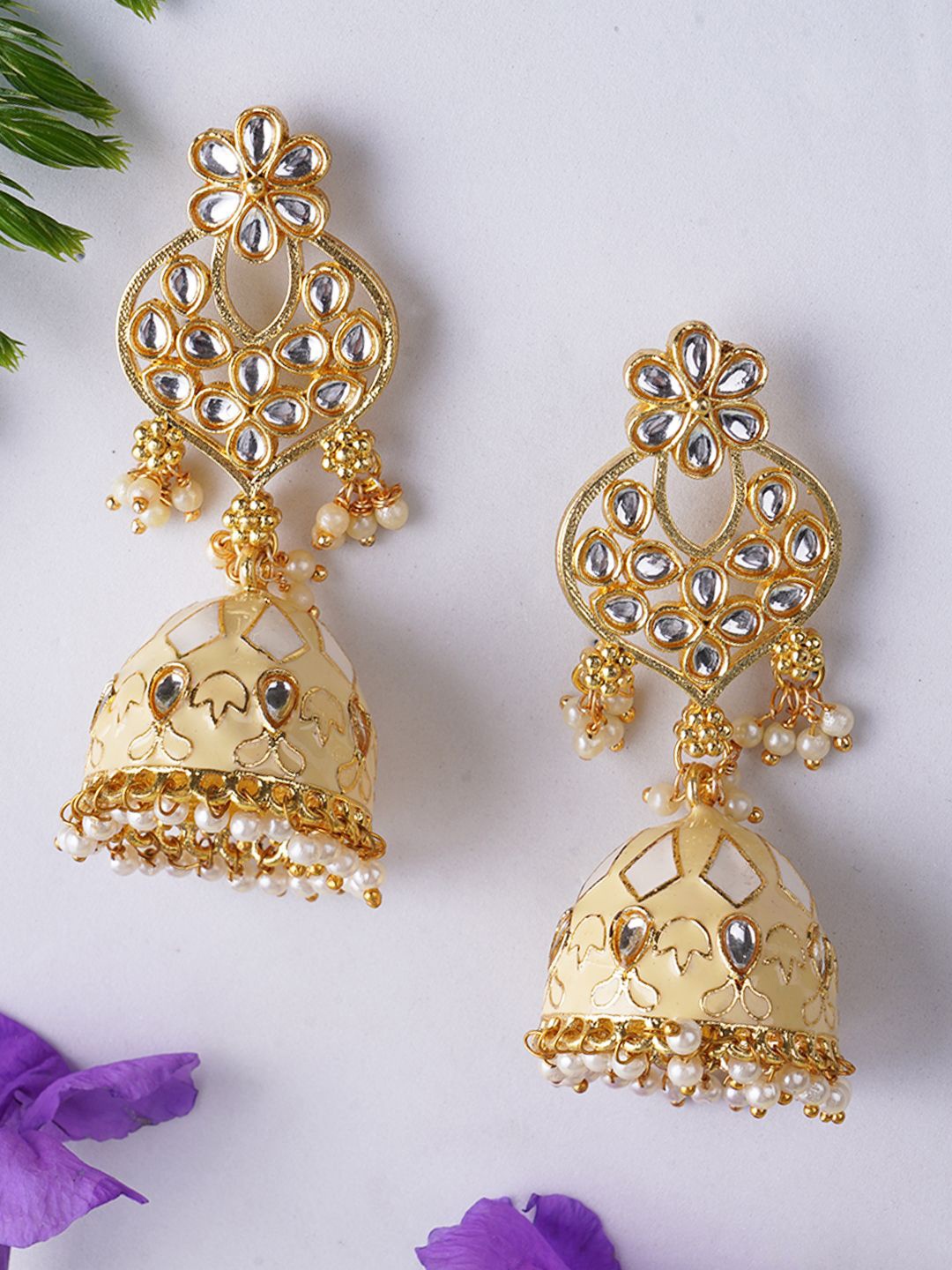 

Adwitiya Collection Gold-Plated Kundan Studded Meenakari Dome Shaped Jhumkas, Cream