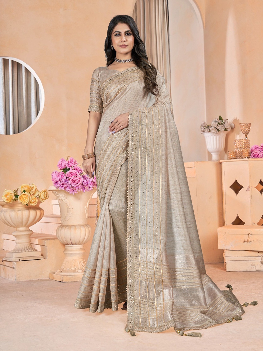 

Panzora Embellished Sequinned Organza Saree, Beige