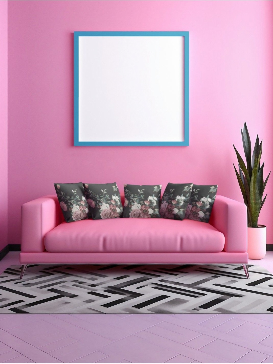 

THEYAYACAFE Black & Pink 5 Pieces Floral Printed Velvet Square Cushion Covers