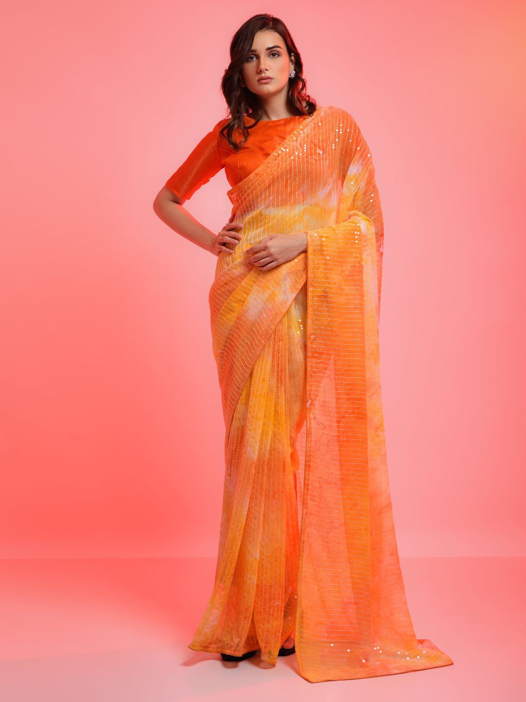 

Krimmple Embellished Sequinned Pure Georgette Saree, Orange