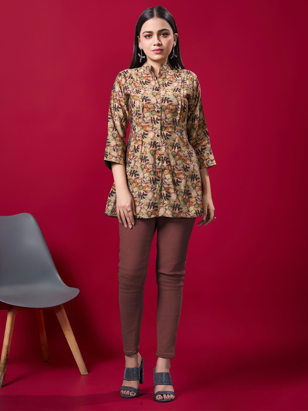 

JDS LIFESTYLE Women Ethnic Print Mandarin Collar Top, Brown