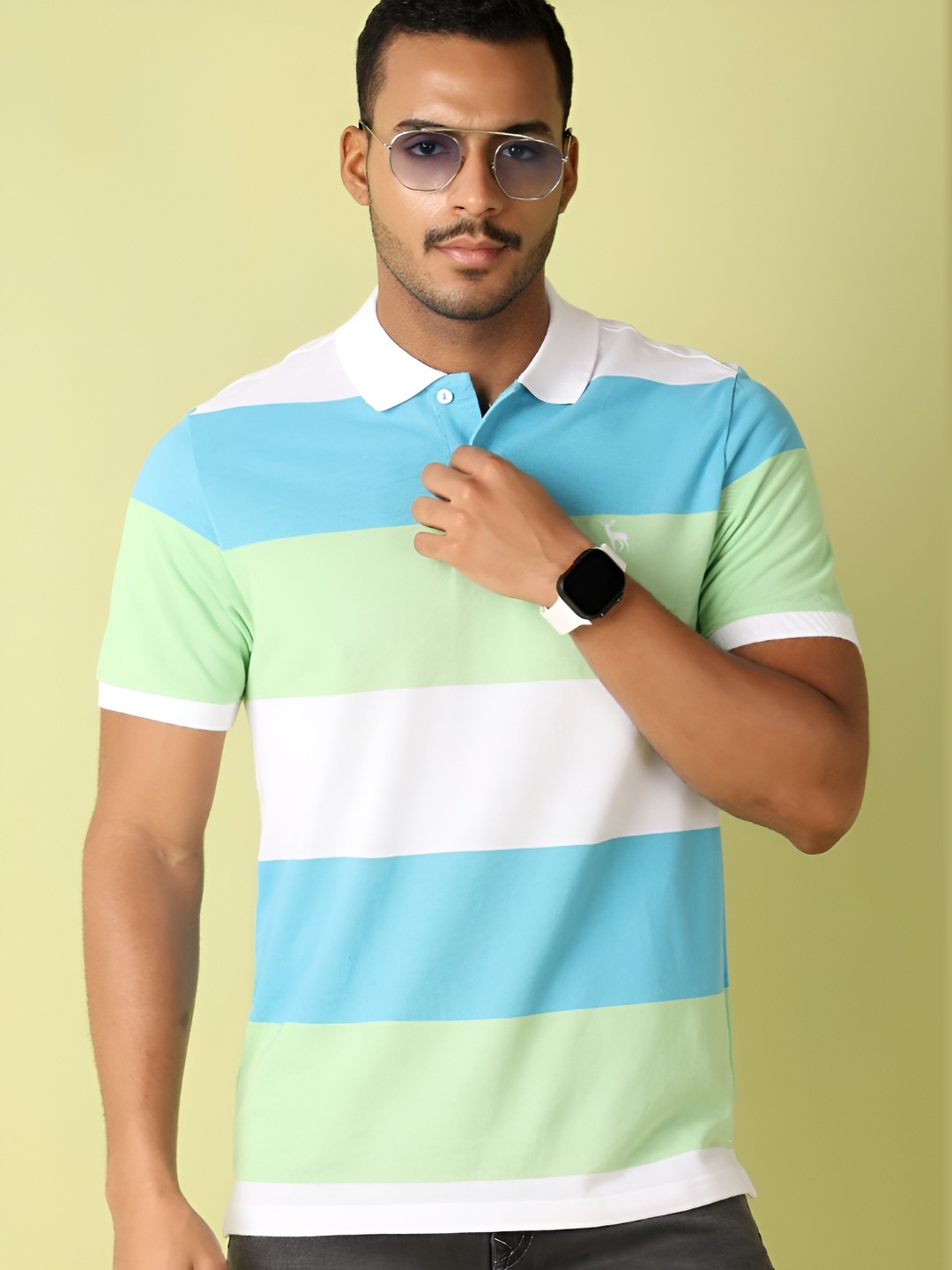 

V-Mart Men Striped Polo Collar Cotton T-shirt, White