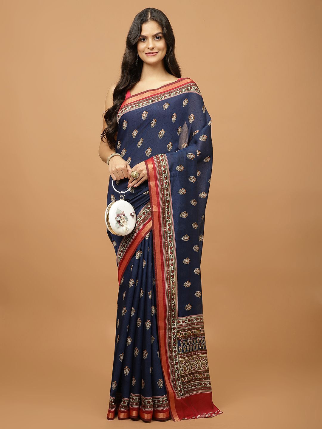 

Meena Bazaar Floral Zari Printed Saree With Blouse Piece, Navy blue