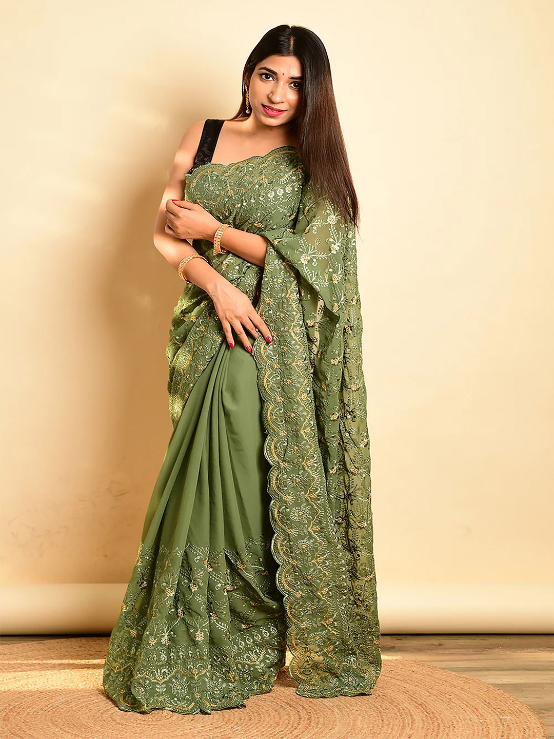 

Anouk Floral Zari Poly Georgette Saree, Green