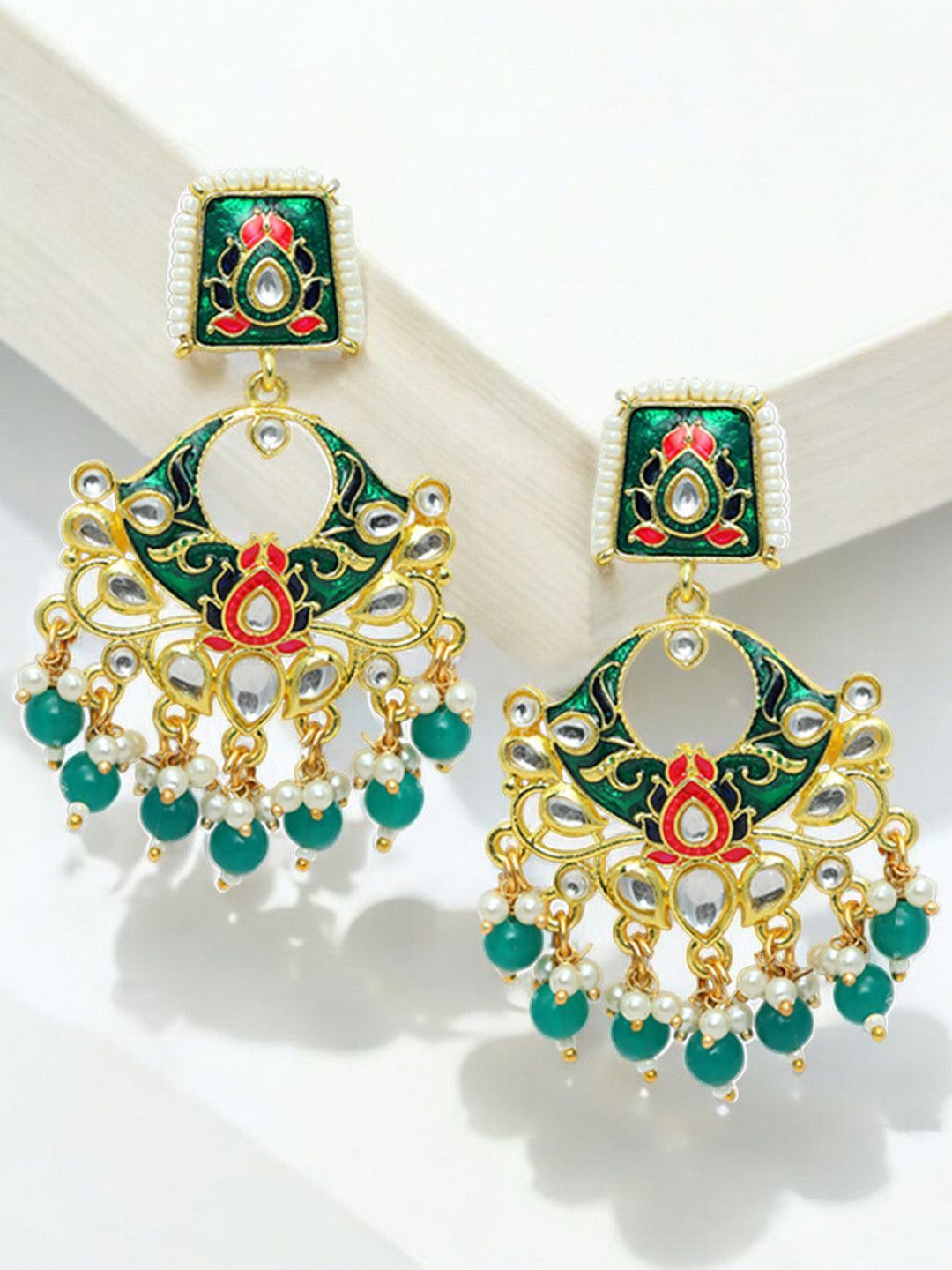 

OOMPH Floral Meenakari Chandbali Earrings, Green