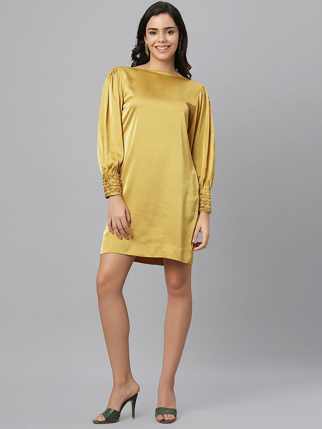 

Ashtag Women Cuffed Sleeve Satin Sheath Dress, Gold