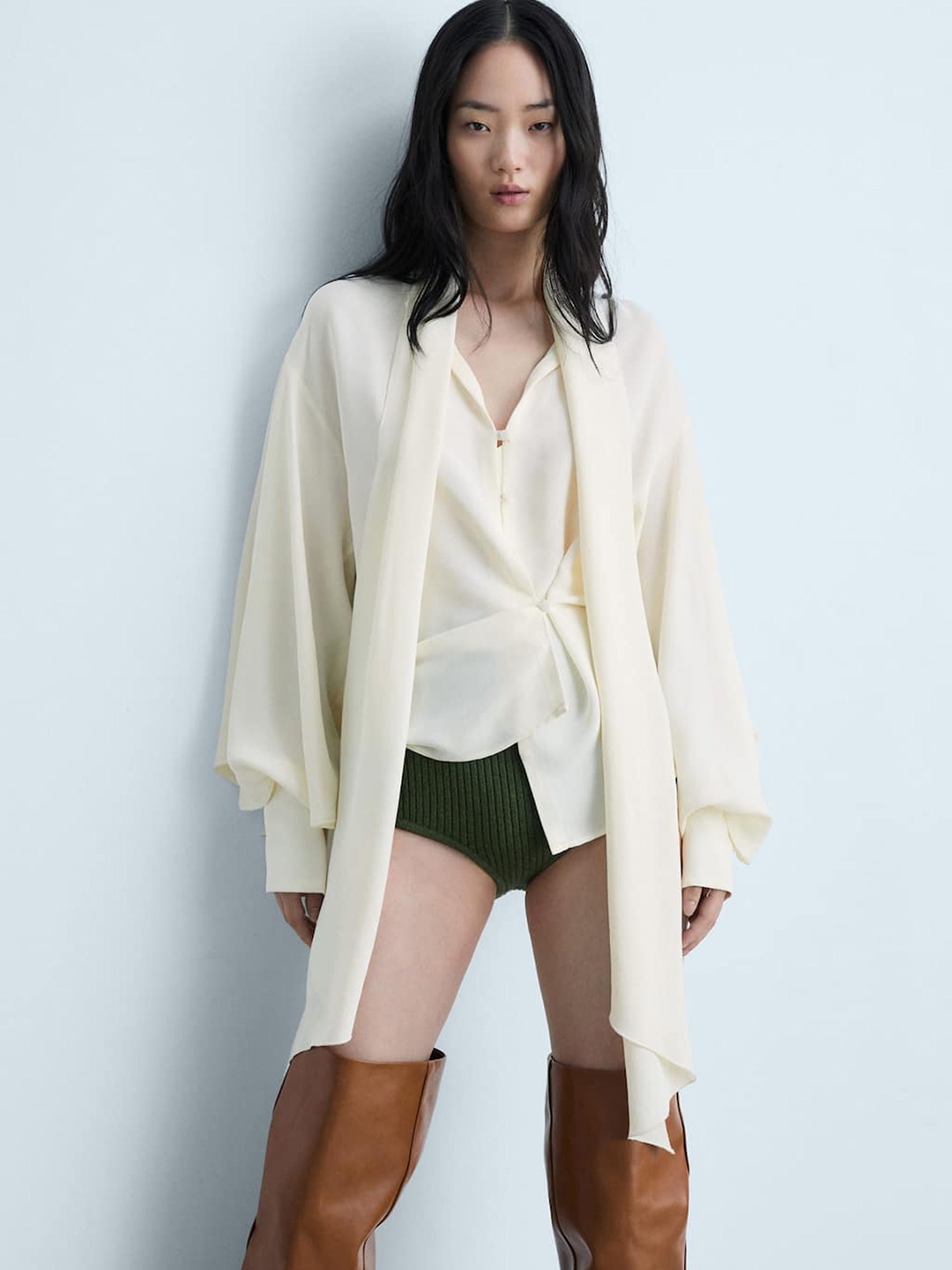 

MANGO Tie-Up Neck Top, Off white