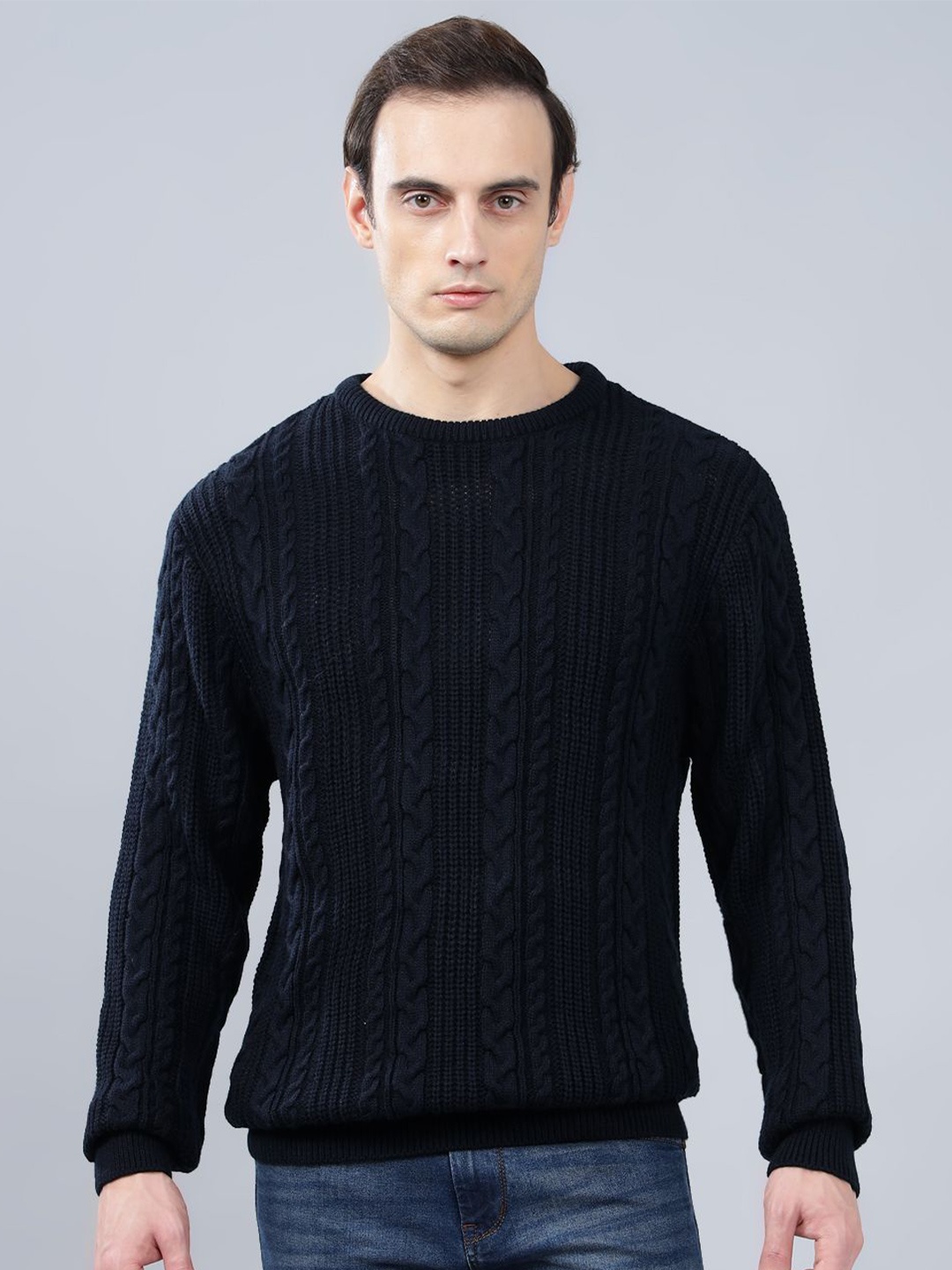 

Cantabil Men Cable Knit Pullover, Navy blue