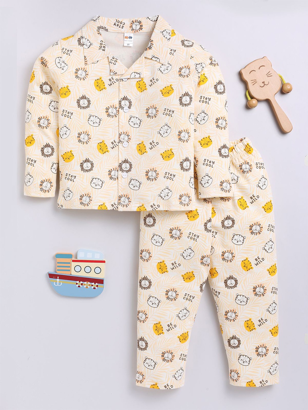 

LITTLE NINJA Boys Conversational Printed Pure Cotton Shirt with Pyjama, Peach