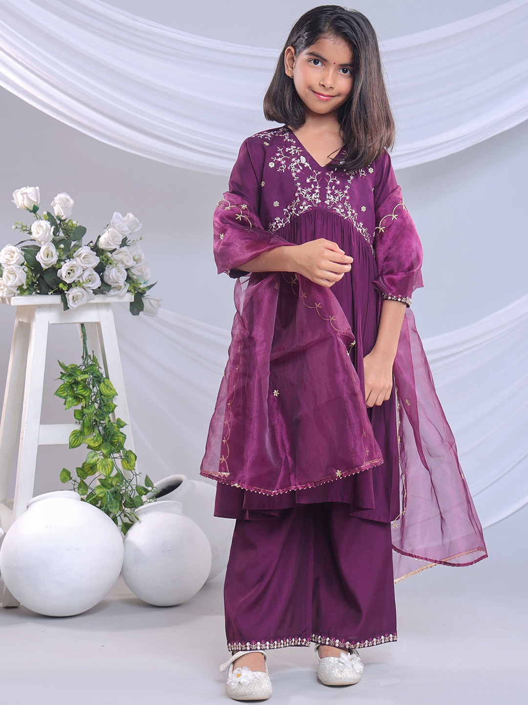 

BAESD Girls Floral Embroidered Empire Anarkali Kurta with Palazzos & Dupatta, Purple