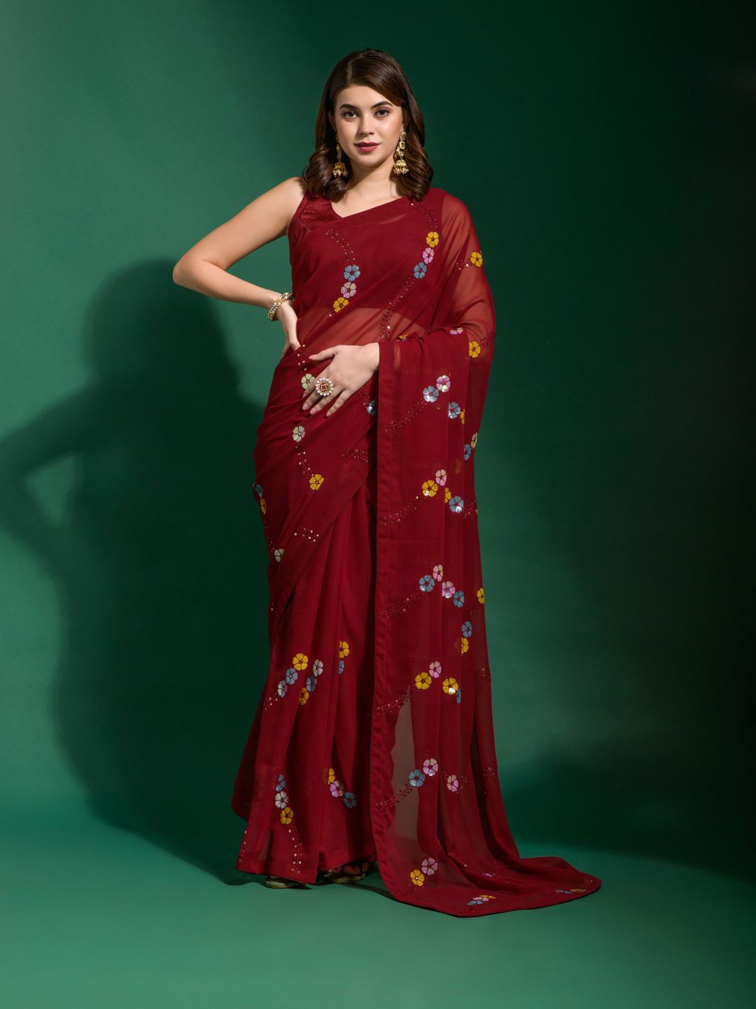 

Krimmple Floral Embroidered Pure Georgette Saree, Maroon