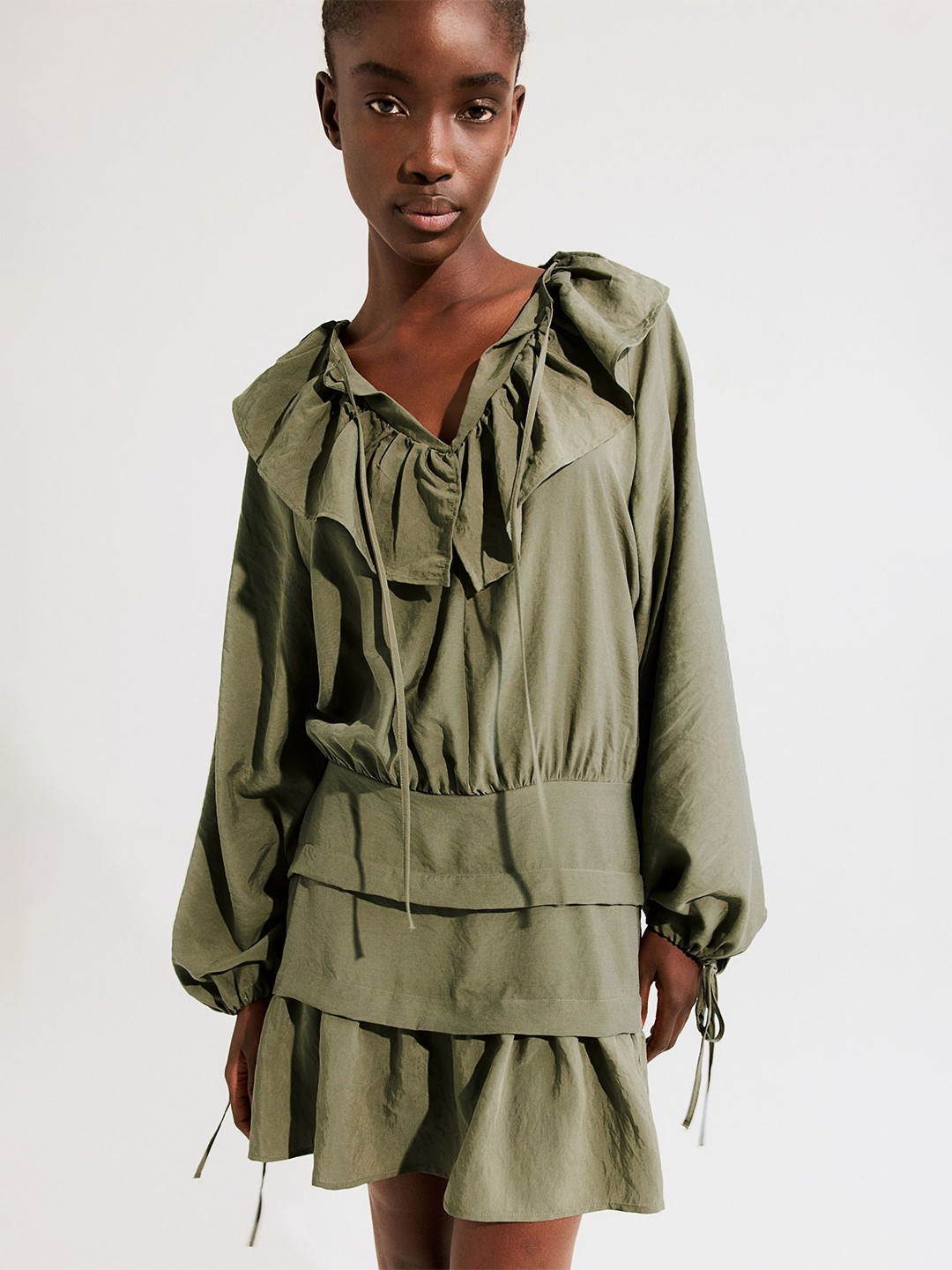 

H&M Frill-Collar Dress, Olive