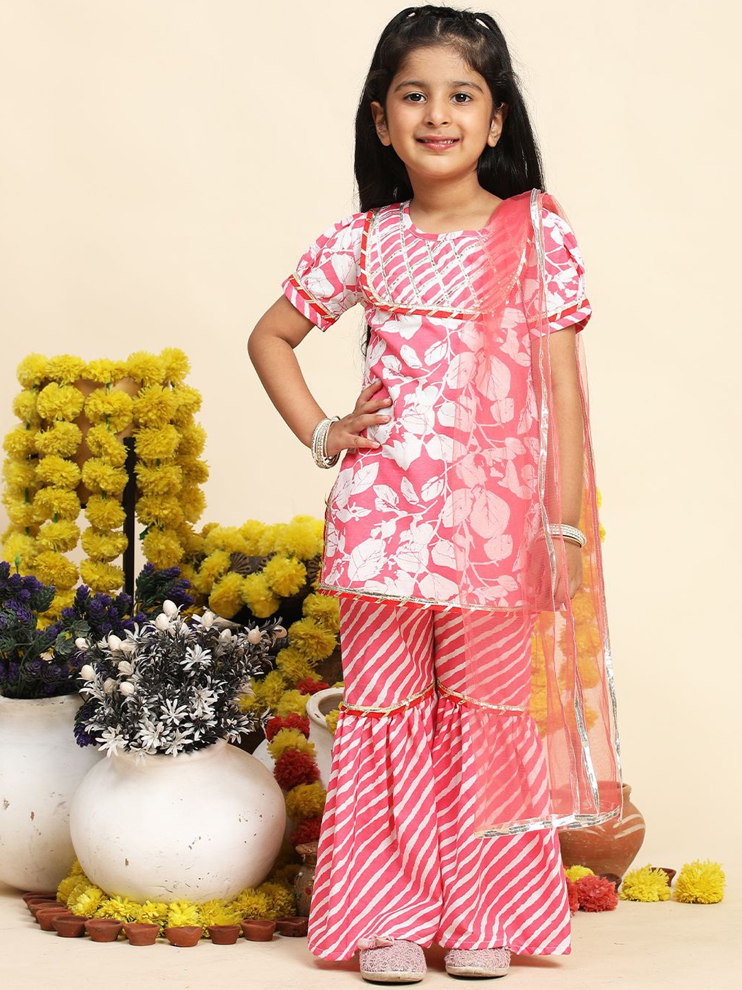 

Cutiekins Girls Floral Printed Gotta Patti Straight Kurta With Sharara & Dupatta, Pink