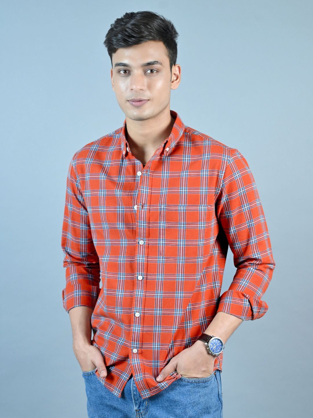 

MARC JOBBS Men Comfort Fit Spread Collar Tartan Checked Cotton Casual Shirt, Orange