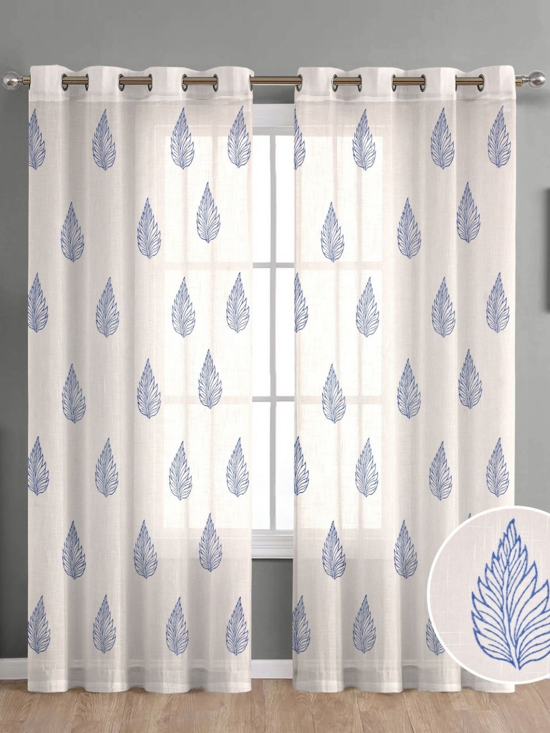 

THE LINEN COMPANY White & Blue 2 Pieces Floral Printed Cotton Sheer Door Curtain