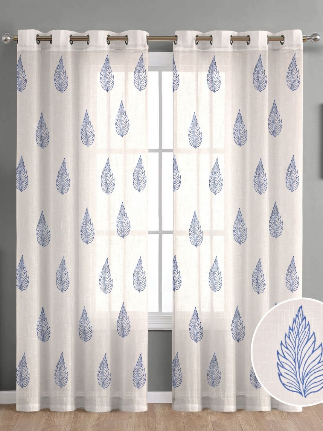 

THE LINEN COMPANY White & Blue 2 Pieces Floral Printed Sheer Long Door Curtains