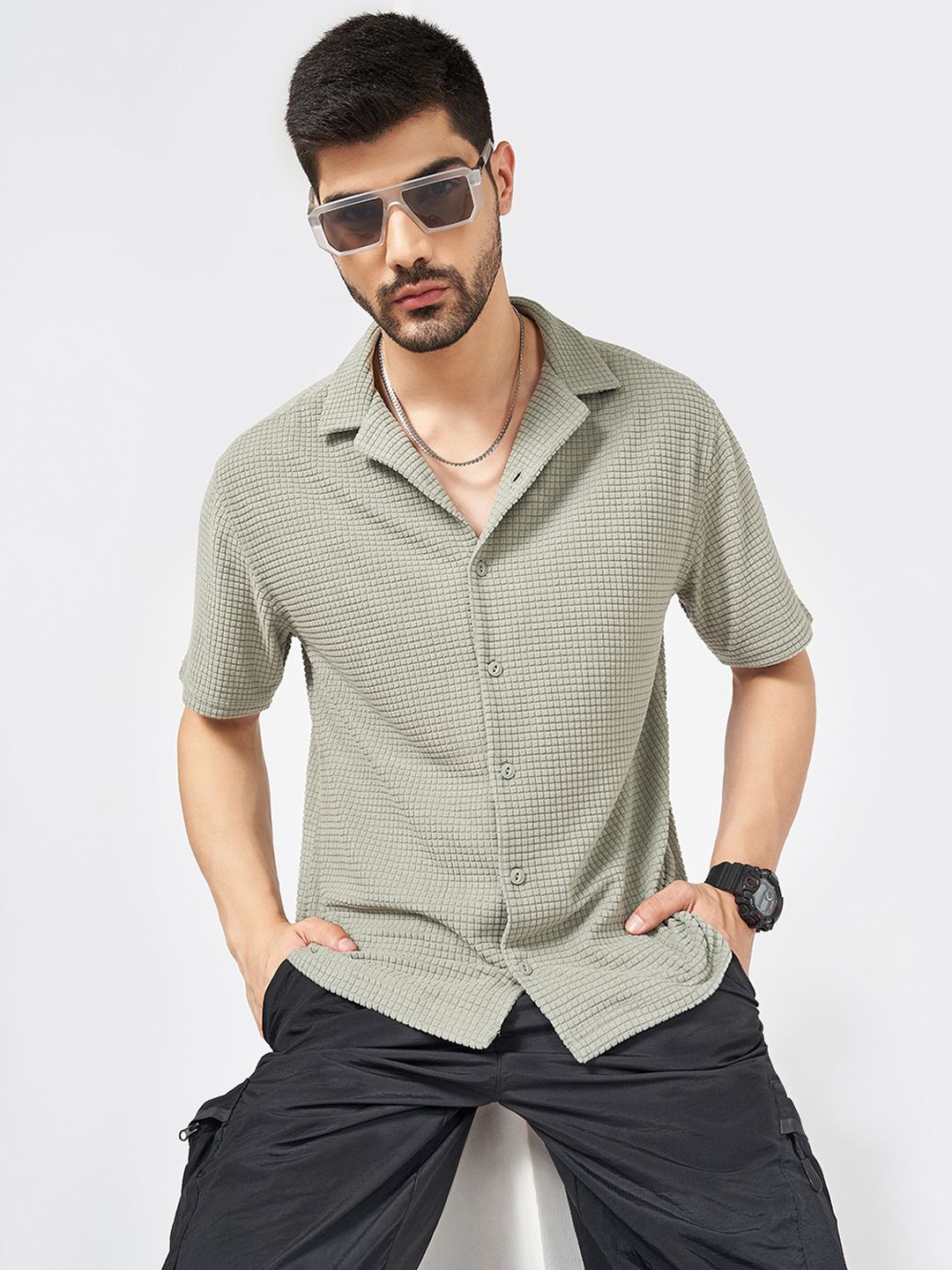 

Street 808 by Pantaloons Men Micro Checks Spread Collar Shirt, Green