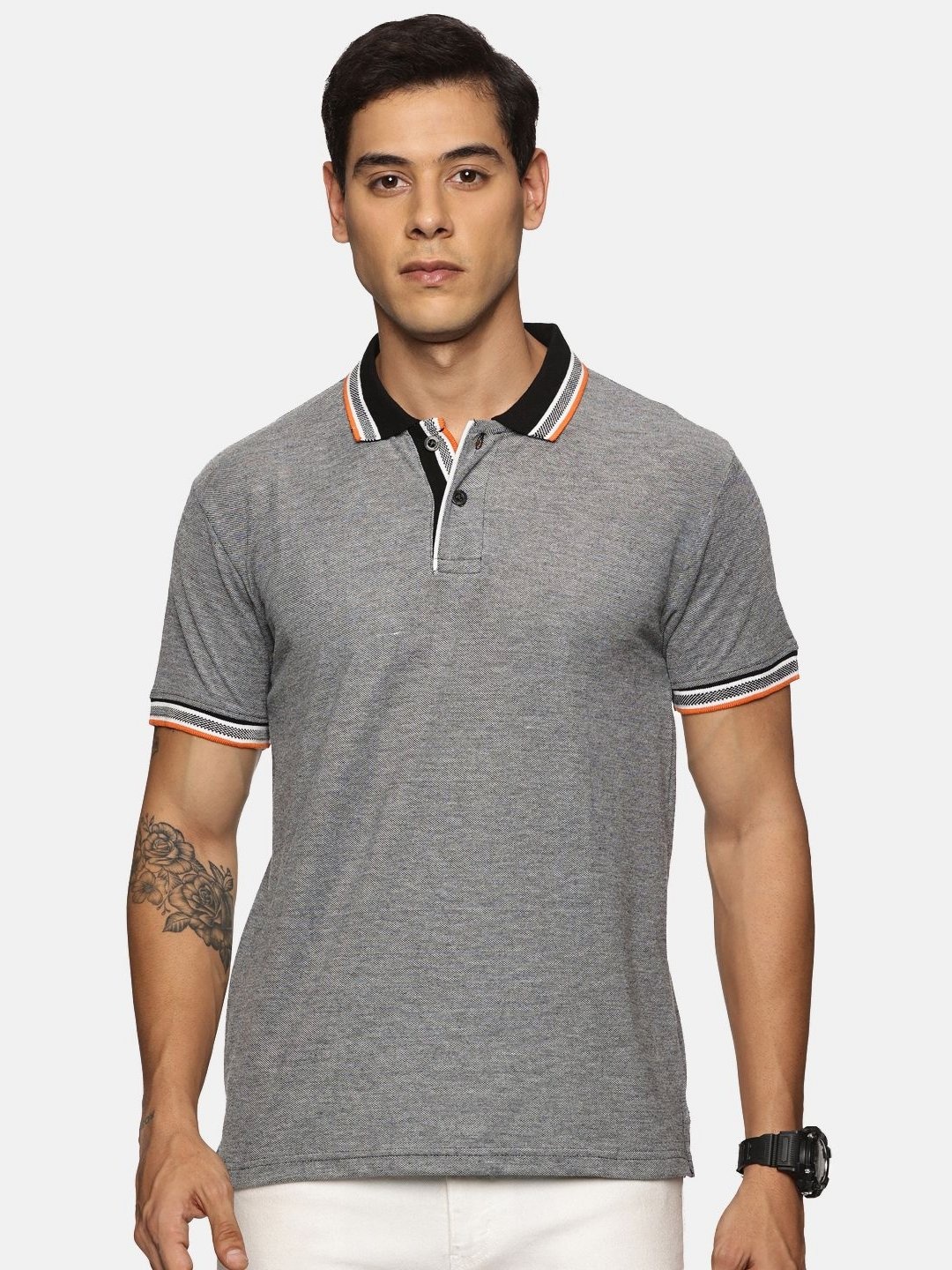 

THIRD QUADRANT Men Solid Polo Collar T-shirt, Grey melange
