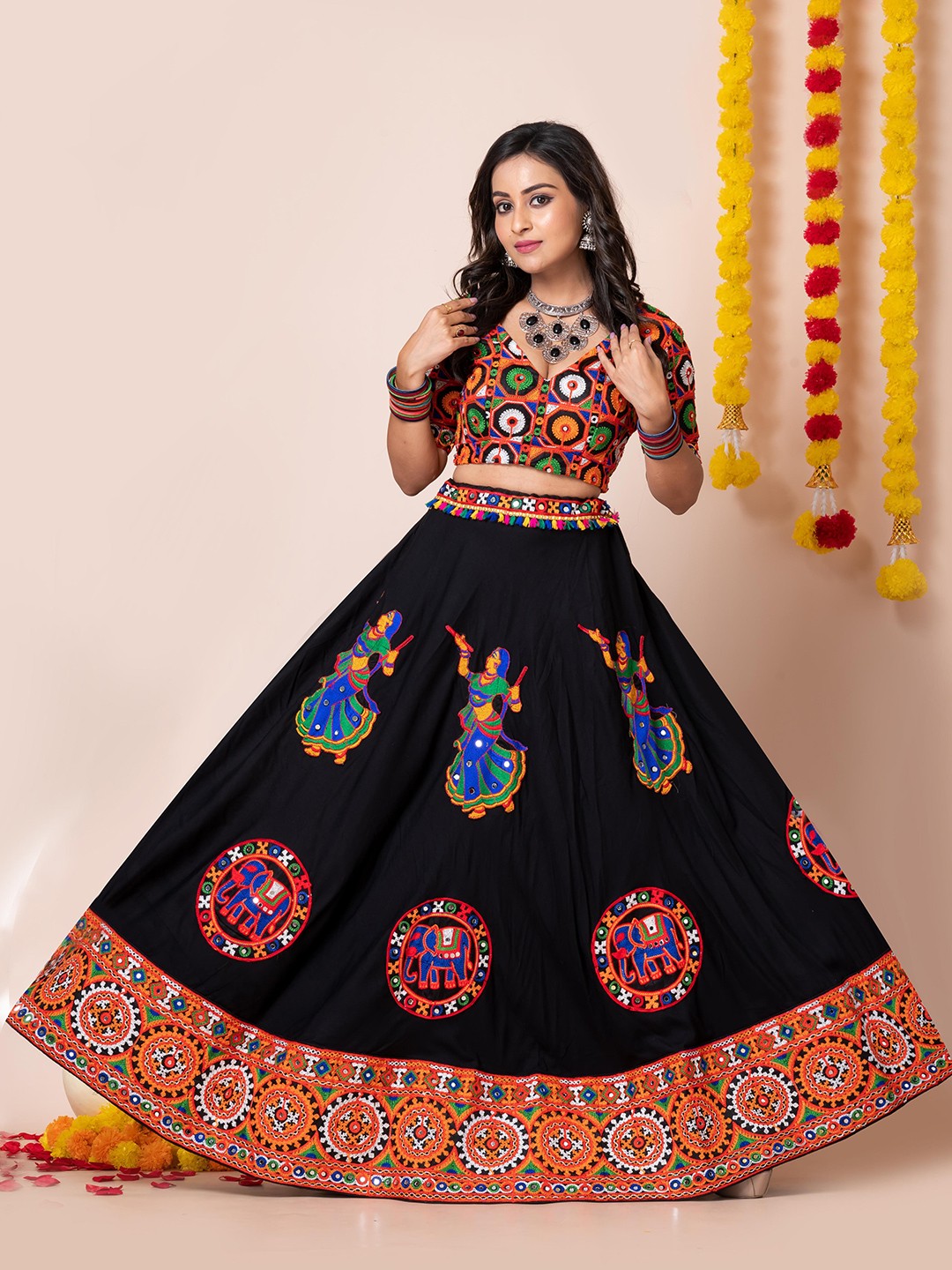 

Angroop Embroidered Mirror Work Semi-Stitched Lehenga & Unstitched Blouse With Dupatta, Black