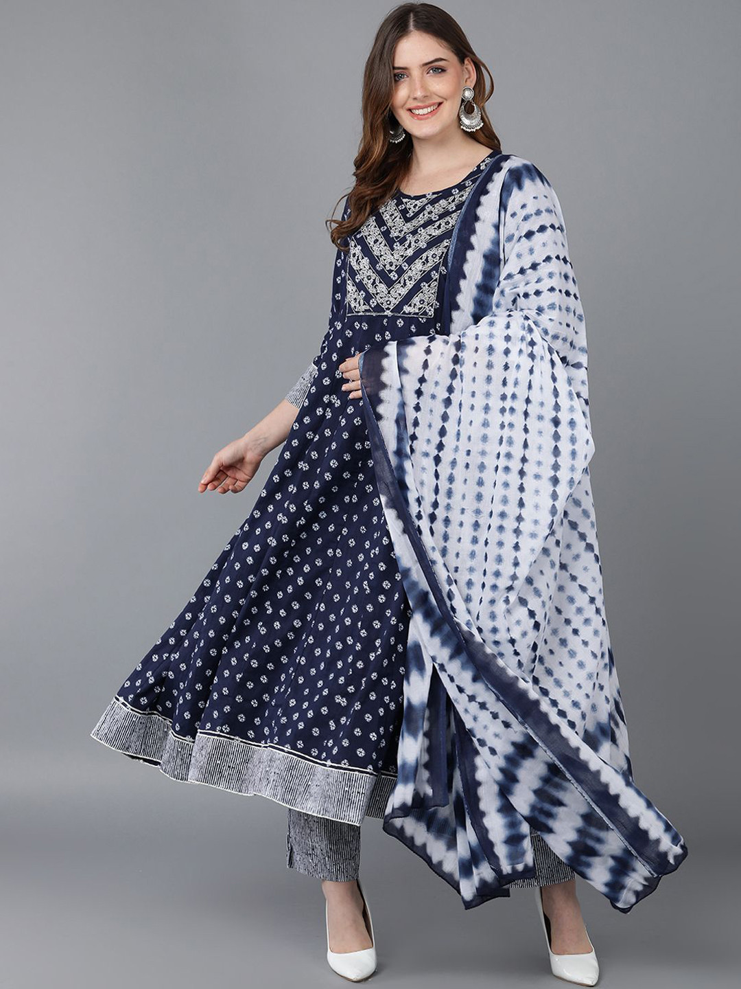 

AHIKA Printed Empire Patchwork Pure Cotton Anarkali Kurta with Trousers & Dupatta, Blue