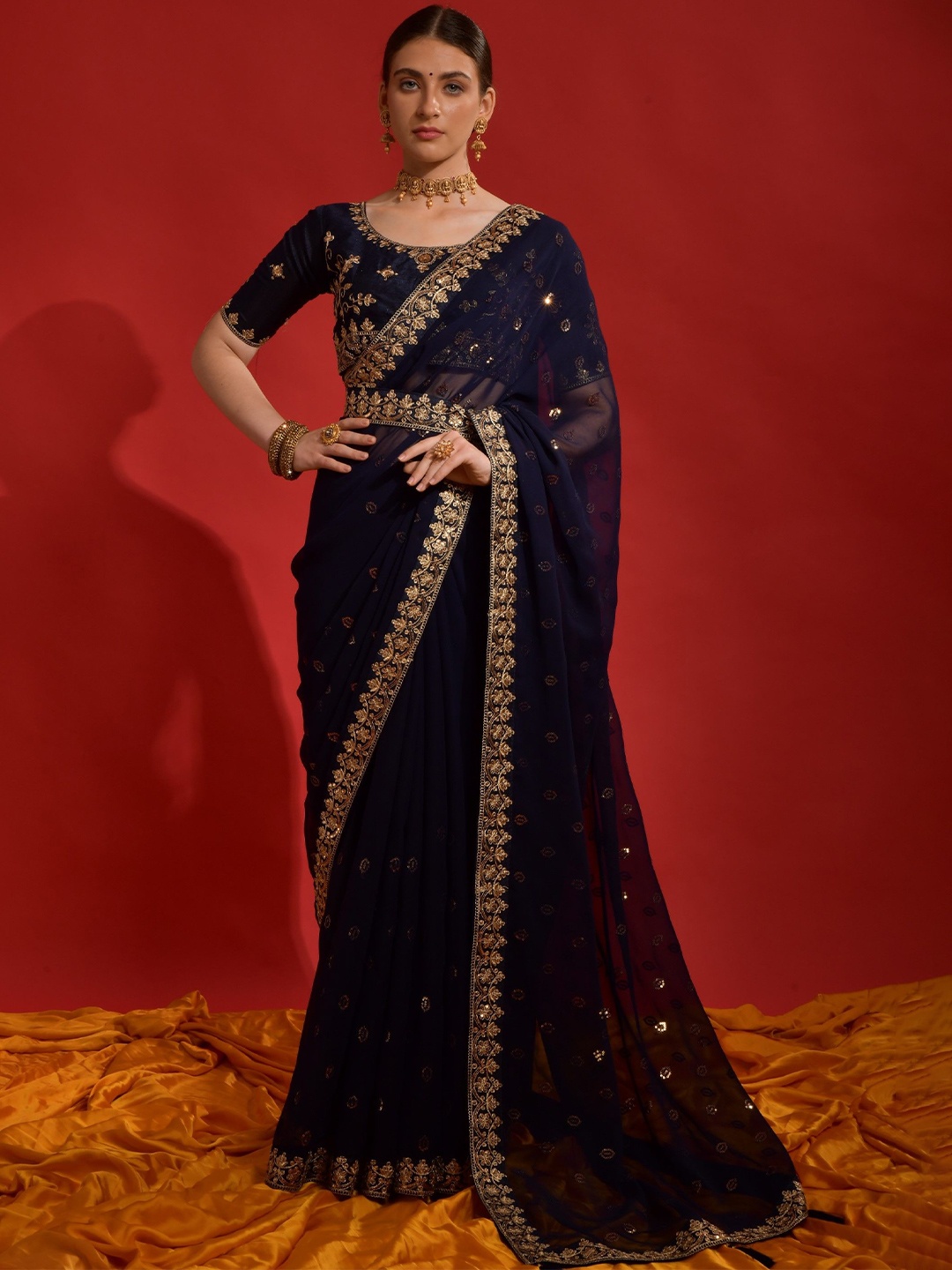 

Panzora Embellished Sequinned Poly Georgette Belted Saree, Navy blue