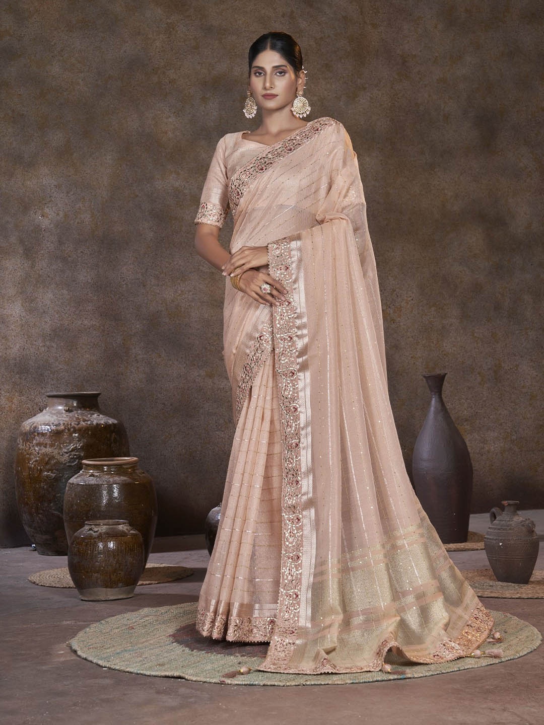 

Panzora Striped Sequinned Saree, Peach