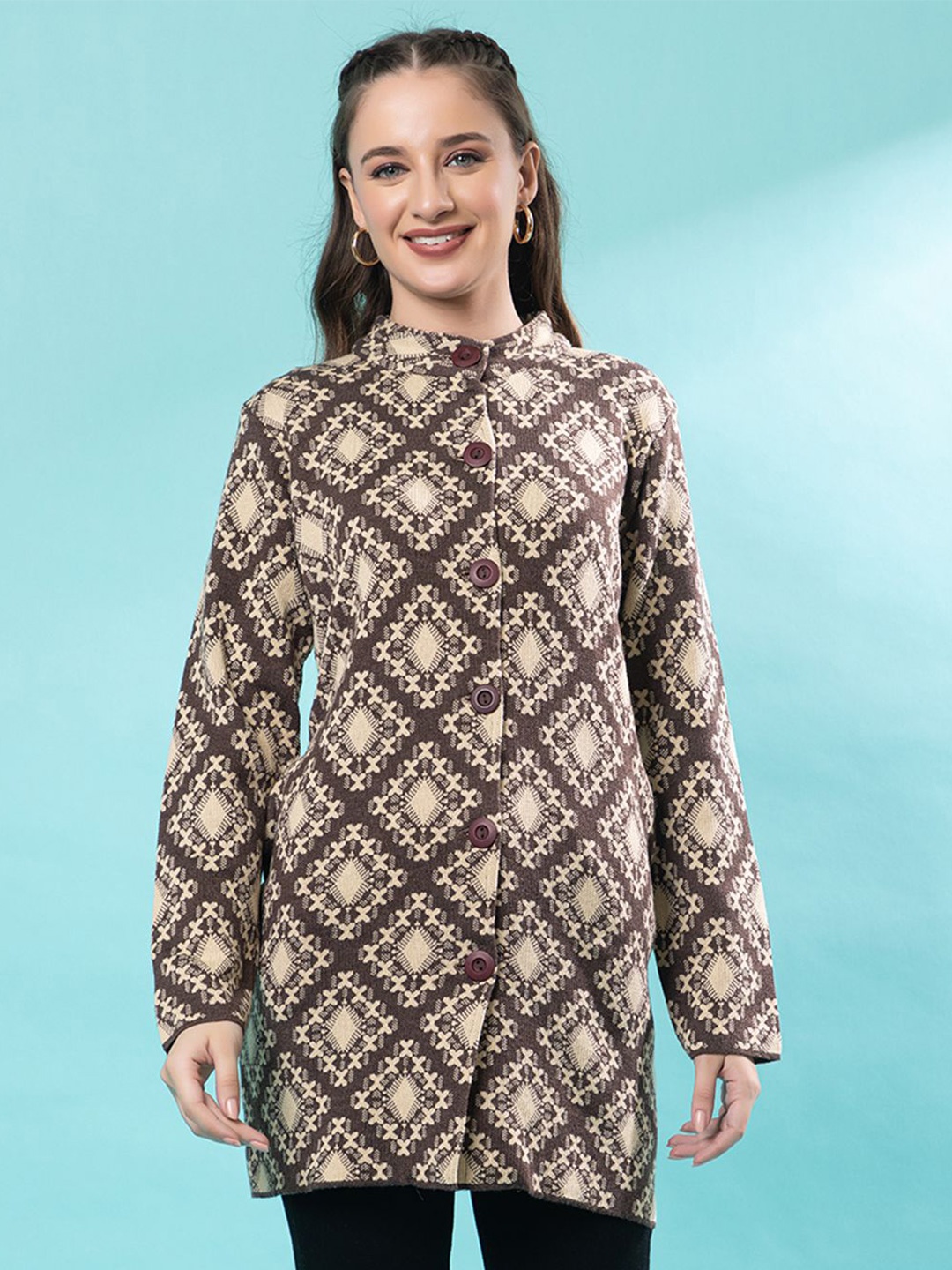 

Anouk Women Geometric Printed Cardigan, Coffee brown