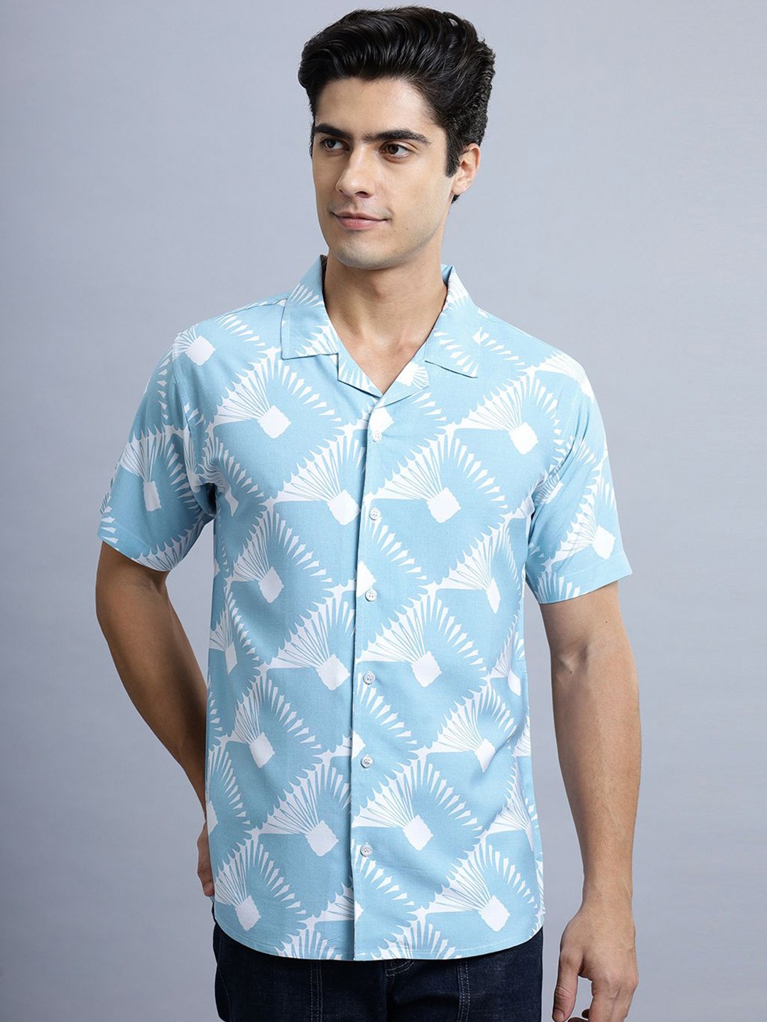 

N AND J Men Classic Spread Collar Abstract Printed Cotton Casual Shirt, Blue