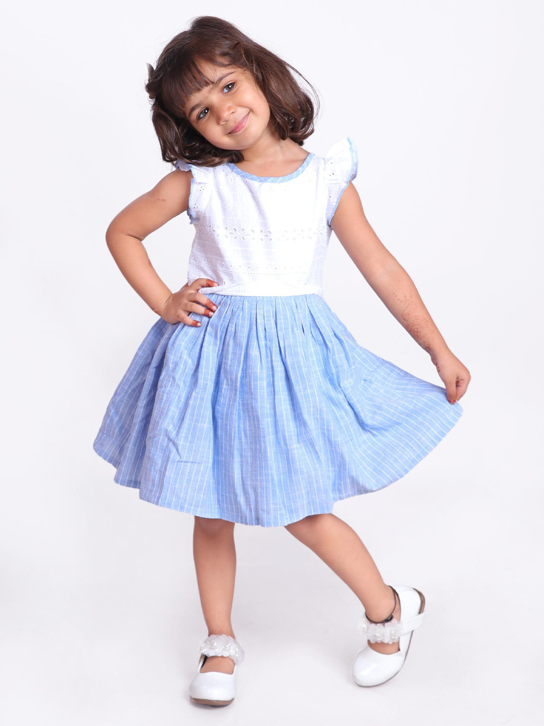 

Miyo Girls Short Flutter Sleeve Fit & Blue Flare Dress, White