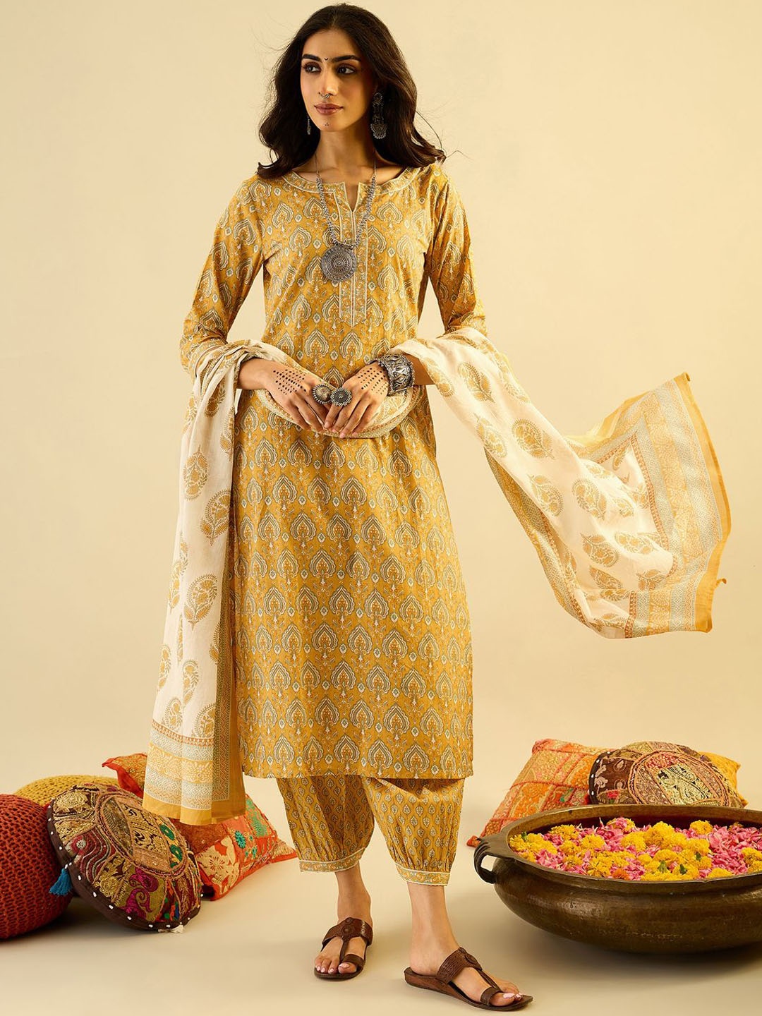 

Indo Era Ethnic Motifs Printed Pure Cotton Kurta With Salwar & Dupatta, Yellow