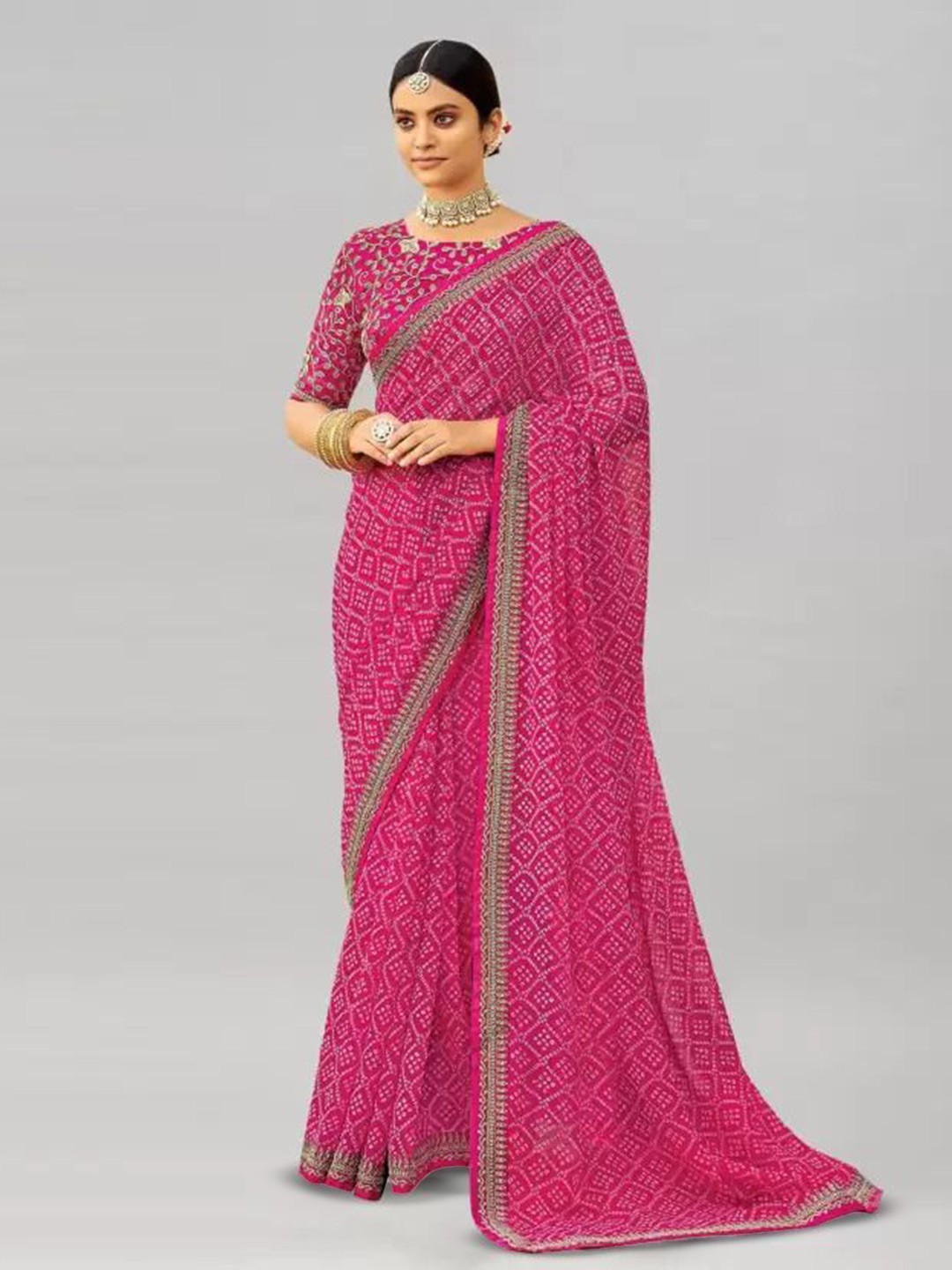 

Reboot Fashions Bandhani Embroidered Pure Georgette Bandhani Saree, Pink