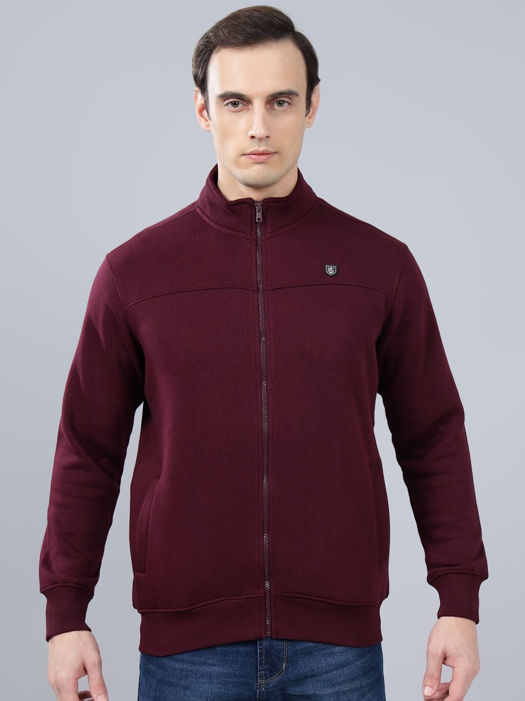 

Cantabil Men Solid Mock Collar Front-Open Sweatshirt, Maroon