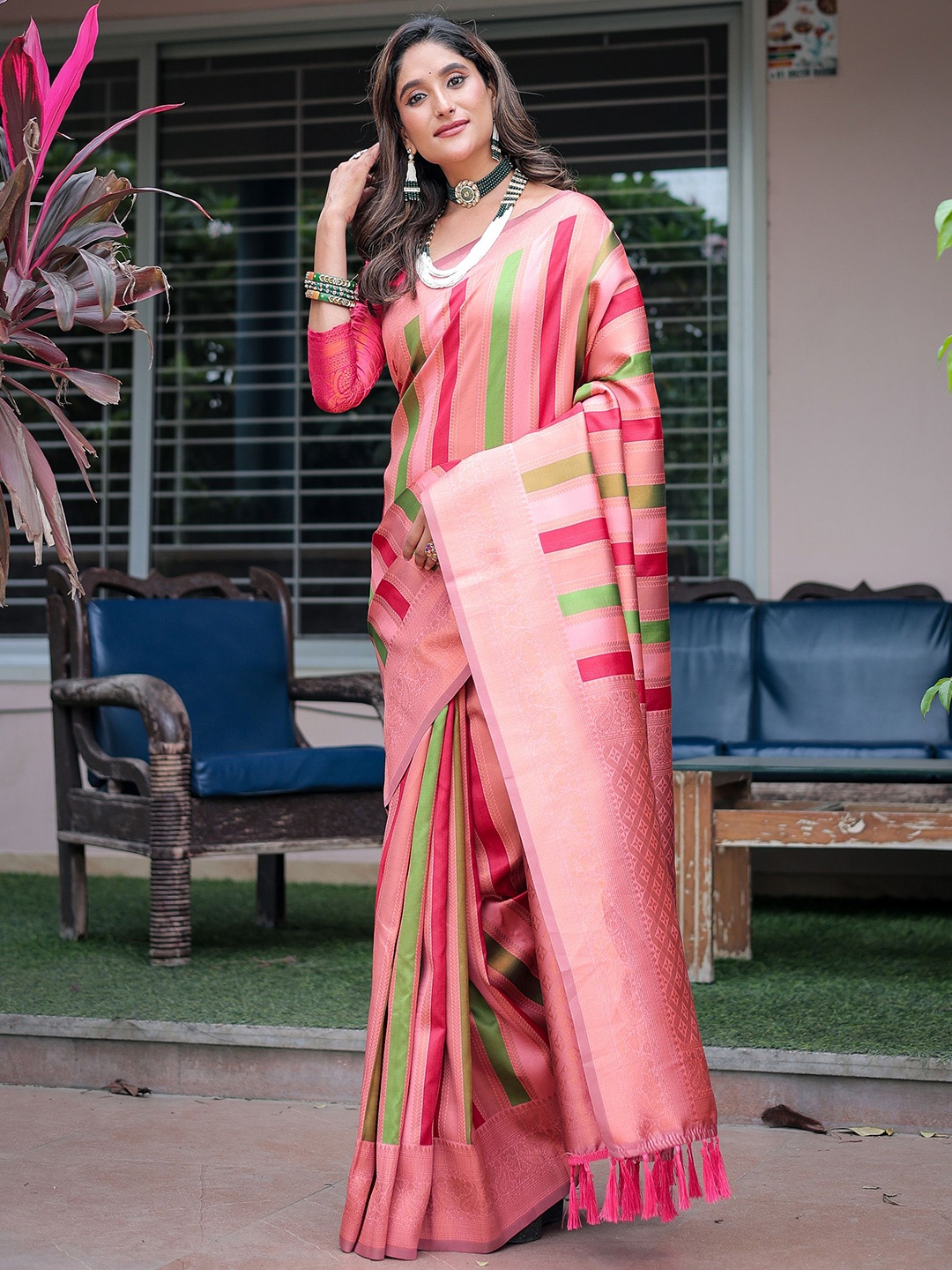 

Anouk Striped Zari Kanjeevaram Saree, Pink