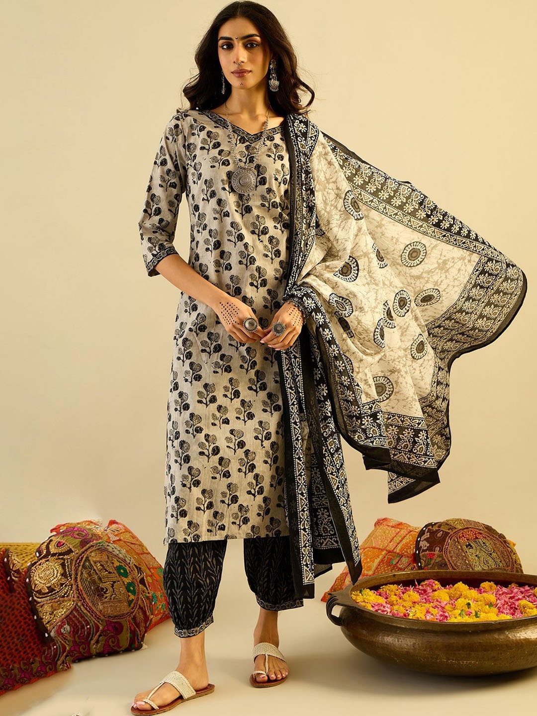 

Indo Era Beige Floral Printed V-Neck Pure Cotton Straight Kurta with Salwar & Dupatta