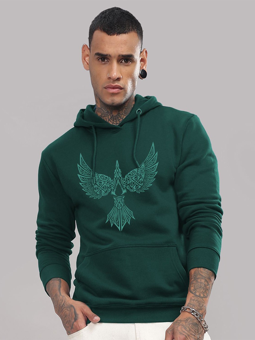 

ADRO Men Cotton Printed Hooded Sweatshirt, Green