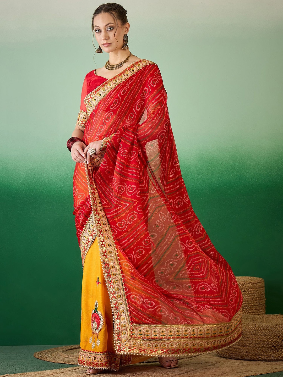 

KALINI Bandhani Gotta Patti Pure Chiffon Half and Half Bandhani Saree, Yellow