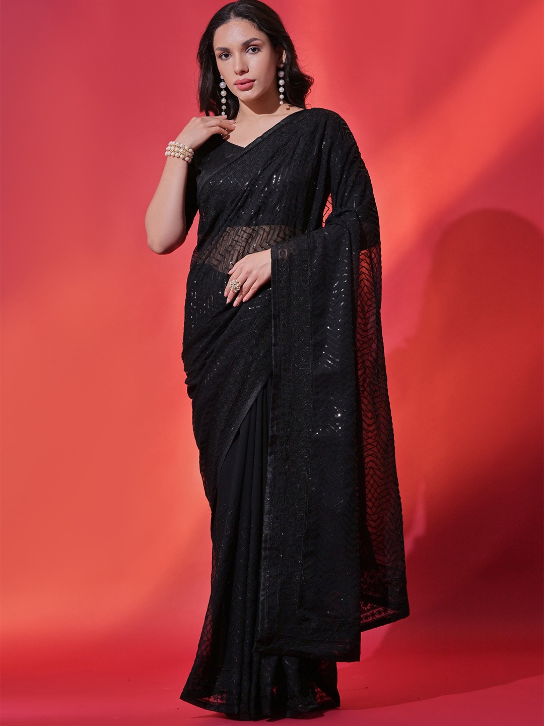 

Krimmple Sequinned Pure Georgette Saree, Black