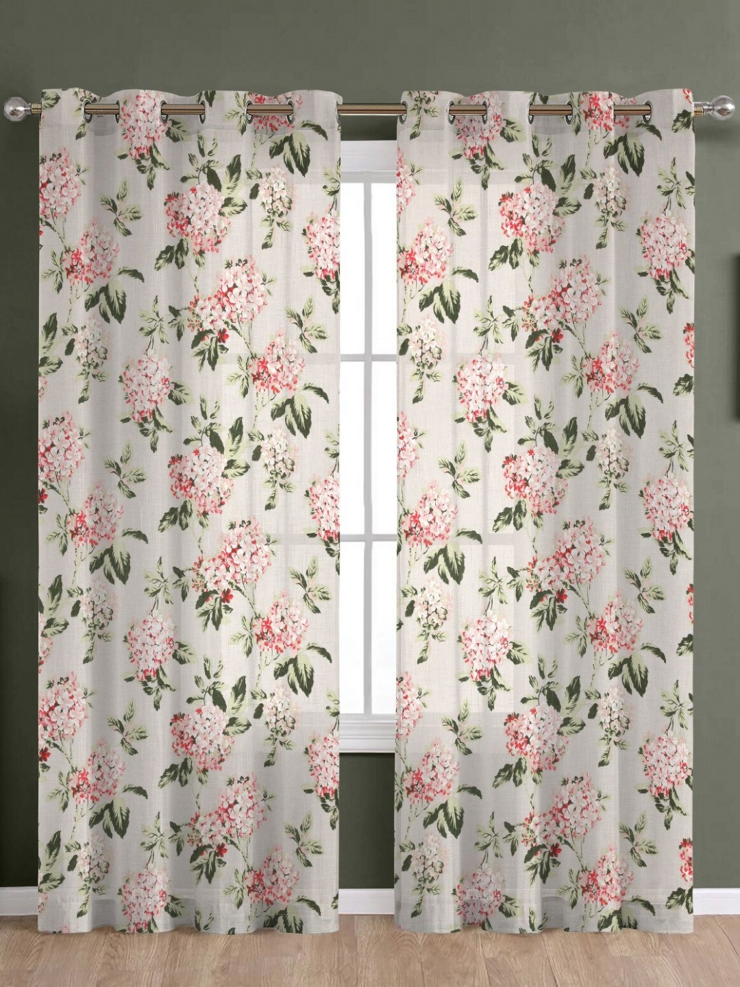 

THE LINEN COMPANY White & Pink 2 Pieces Floral Printed Cotton Sheer Long Door Curtain