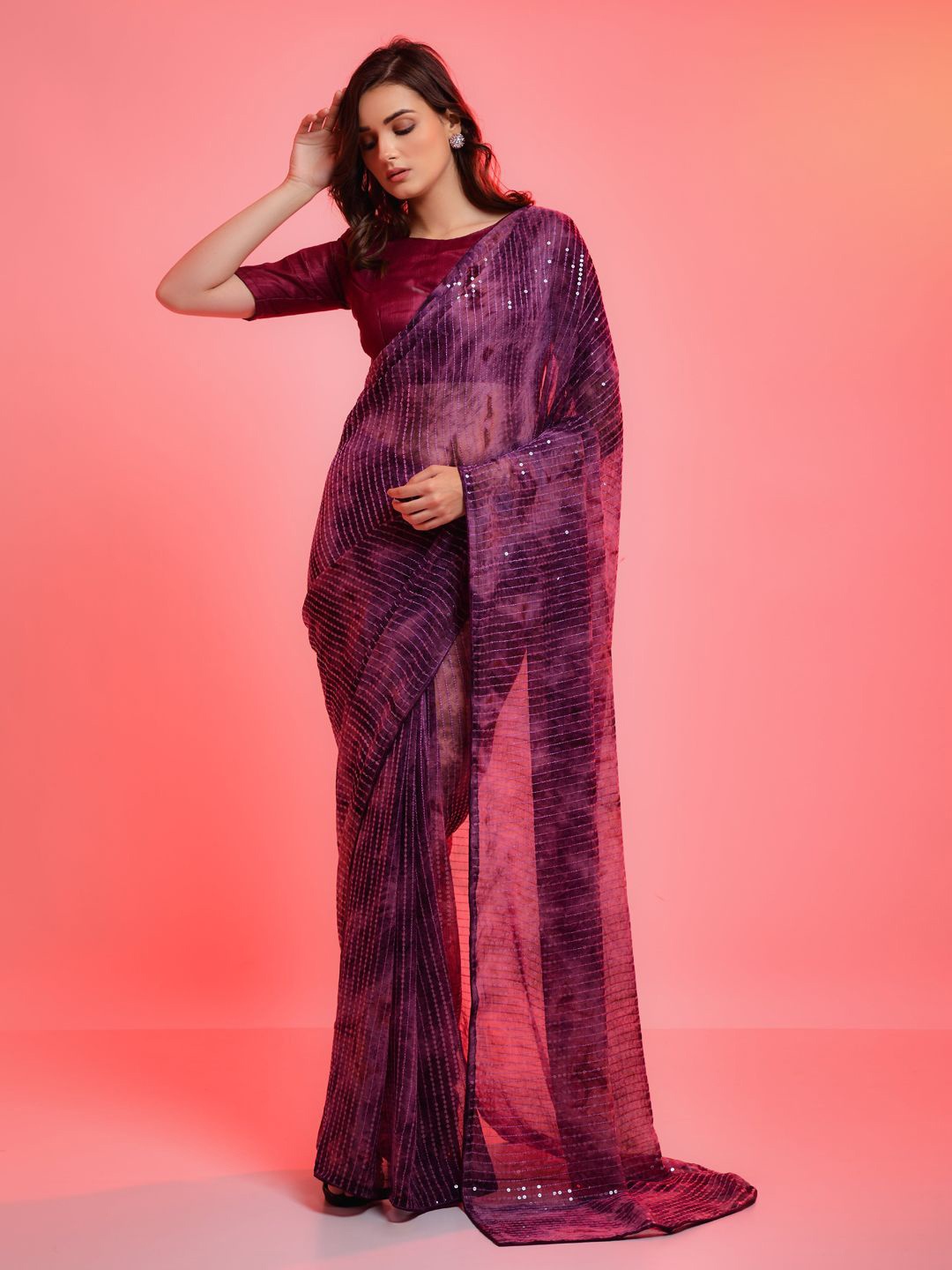 

Krimmple Striped Sequinned Pure Georgette Fusion Saree, Purple