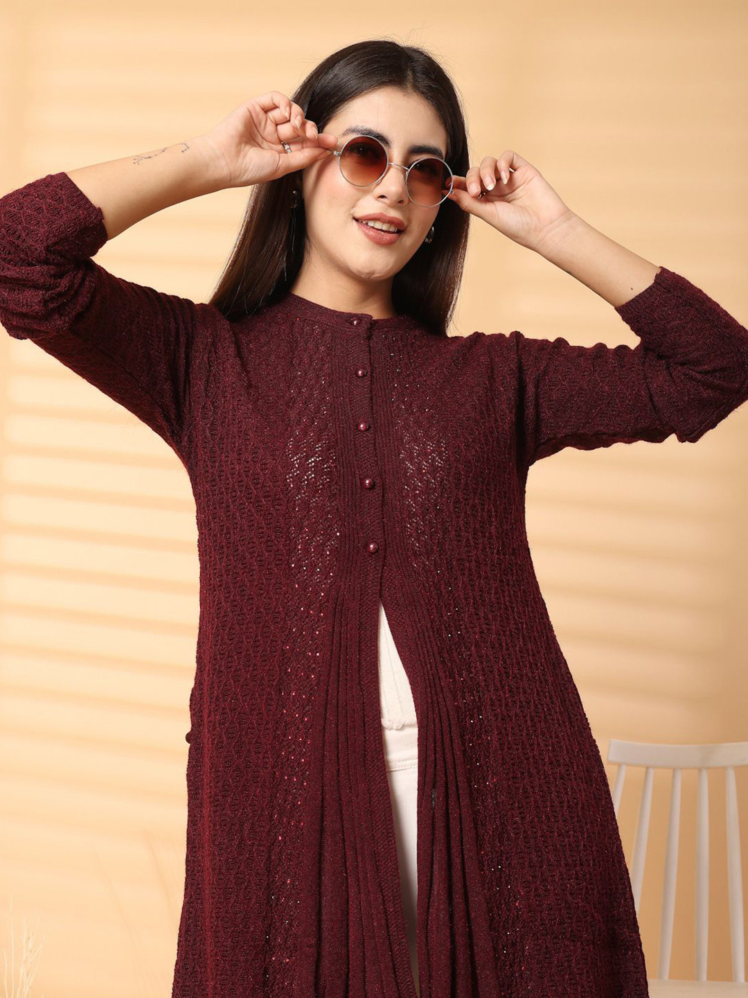 

Clora Creation Women Cable Knit Woollen Longline Cardigan, Burgundy