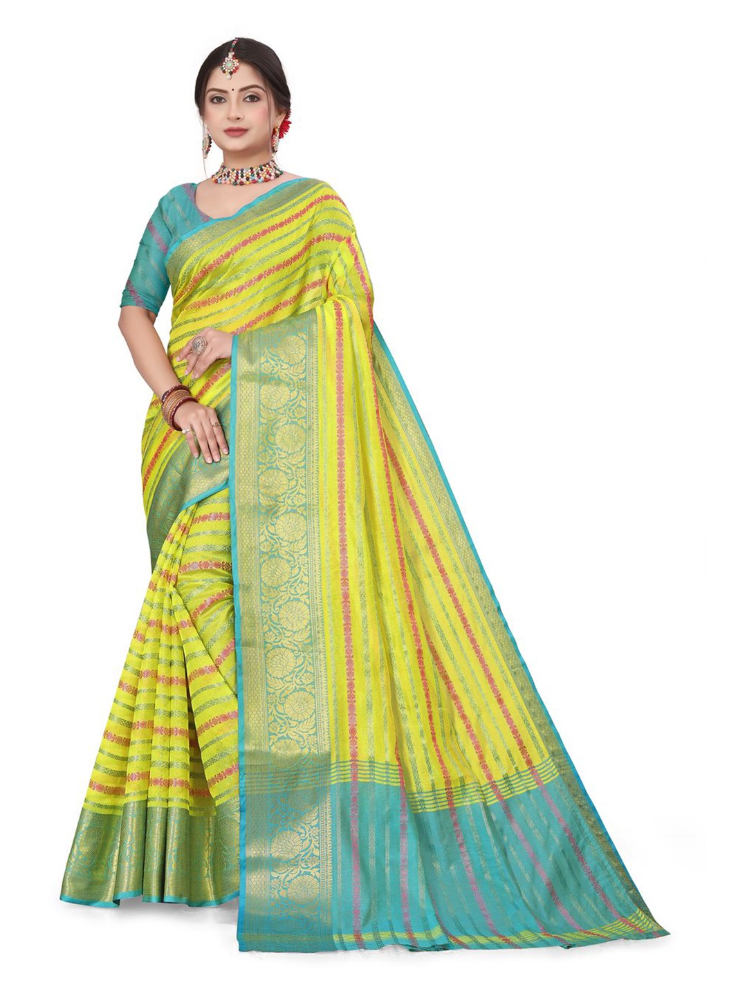

SUPERLAXMI Woven Design Zari Organza Banarasi Saree, Lime green
