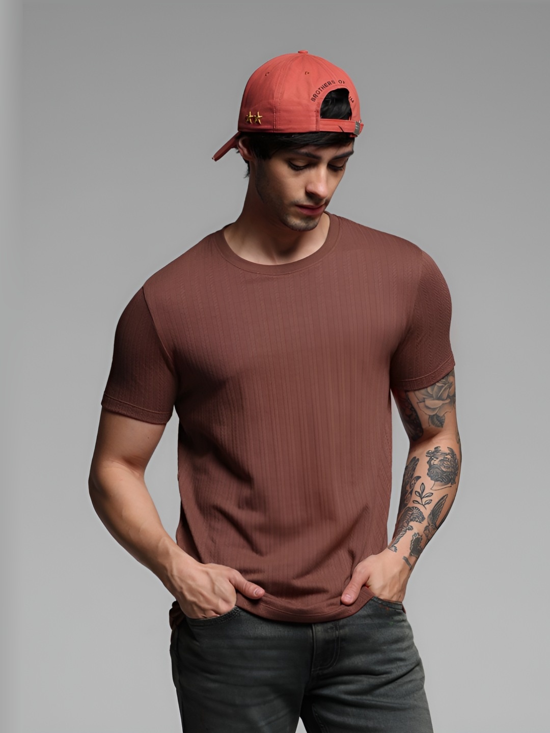 

Jack & Jones Men Solid Round Neck Cotton Slim Fit T-shirt, Brown