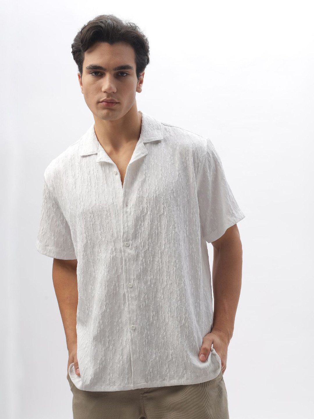

HAMPTONS Crochet Self Design Fabric Vacation Shirt, White