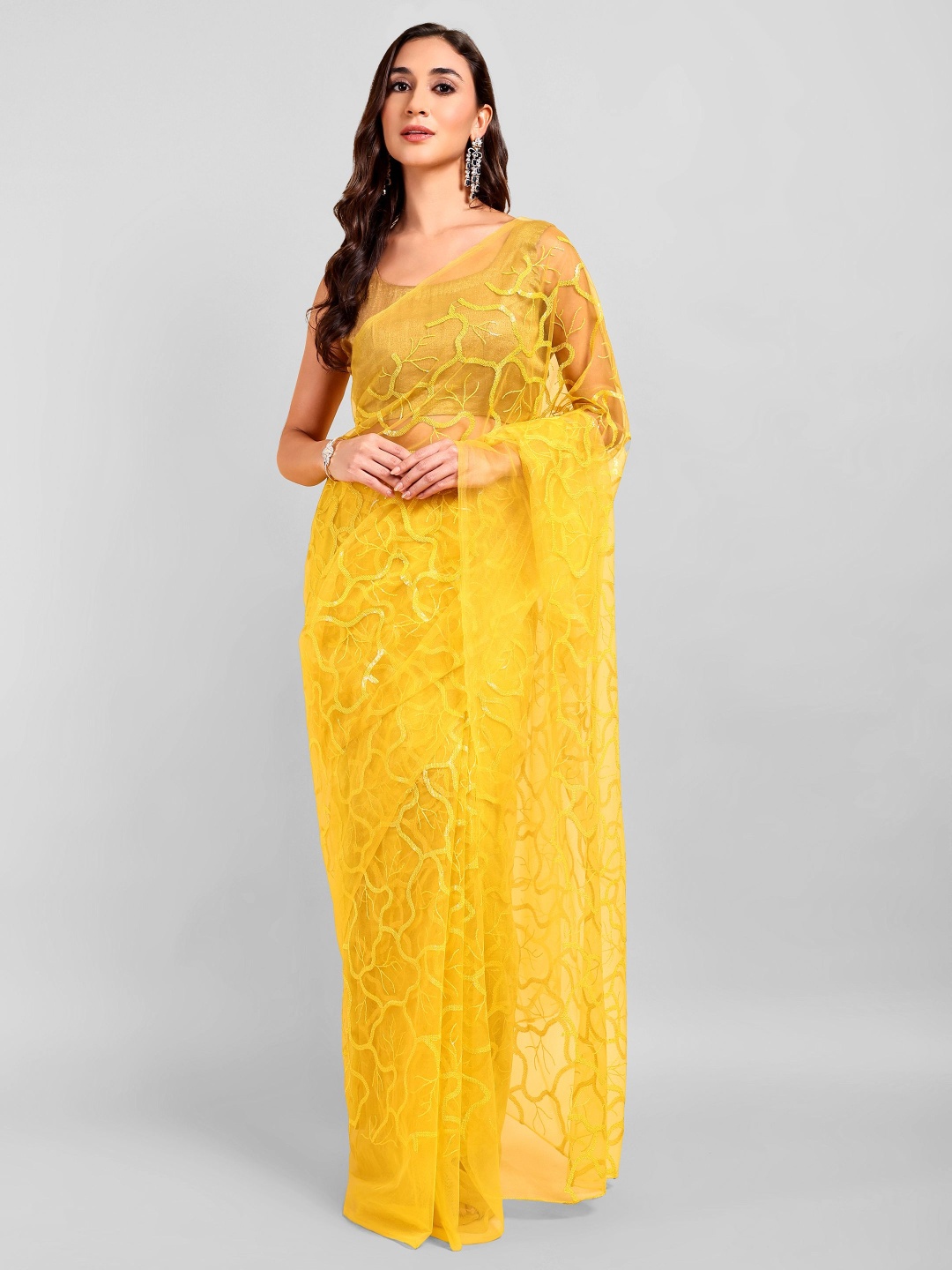 

DOERAA Abstract Embroidered Net Saree, Yellow